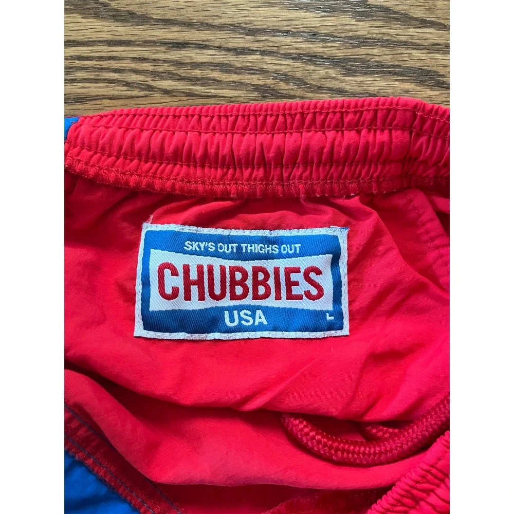 Chubbies Mens Swim Trunks Red White Blue Colorblock Logo Shorts Size L